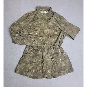 LL Bean Utility Jacket Womens L Olive Green Pockets Leaf Stretch Cinch Military